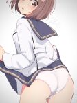  1girl ass blush brown_eyes brown_hair clothes_lift cowboy_shot dress dress_lift flower from_behind hair_flower hair_ornament highres kantai_collection kure_jirou lifted_by_self long_sleeves open_mouth panties pink_flower sailor_dress short_hair simple_background solo underwear white_background white_dress white_panties yukikaze_(kancolle) yukikaze_kai_ni_(kancolle) 