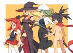  4girls apron ass bangs bare_arms bare_shoulders black_apron black_dress black_gloves black_hair black_headwear black_thighhighs blonde_hair blue_eyes braid breasts broom brown_gloves cabbie_hat cafe_(muu) cleavage closed_mouth collarbone drawing_sword dress elbow_gloves feet_out_of_frame floating_hair gloves green_hair hair_between_eyes hand_on_hip hat holding holding_broom holding_sheath holding_sword holding_weapon jacket katana long_hair long_sleeves looking_away looking_to_the_side medium_breasts multiple_girls muu_(mumumer) naked_scarf neas_(muu) nell_(muu) open_clothes open_jacket orange_background orange_eyes original panties parted_bangs puffy_short_sleeves puffy_sleeves red_dress red_eyes red_hair red_panties red_scarf scarf sheath shirt short_eyebrows short_sleeves single_braid sleeveless sleeveless_dress small_breasts smile standing sword thick_eyebrows thighhighs twintails two-tone_background underwear unsheathing weapon white_background white_headwear white_jacket white_shirt witch_hat yunomiya_agari 