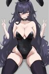  1girl absurdres animal_ears black_collar black_hair black_leotard black_thighhighs breasts collar collarbone covered_navel double_v drooling fake_animal_ears grey_background hair_between_eyes hex_maniac_(pokemon) highres large_breasts leotard long_hair miaru mouth_drool playboy_bunny pokemon pokemon_(game) pokemon_xy purple_eyes rabbit_ears shadow solo thighhighs v 