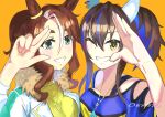  2girls absurdres animal_ears aqua_eyes artist_name asymmetrical_docking bare_shoulders blue_hair blue_shirt breast_press breasts brown_hair clothing_cutout colored_inner_hair commentary_request daitaku_helios_(umamusume) ear_covers ear_ornament ear_piercing facial_tattoo fur-trimmed_jacket fur_trim grin hair_between_eyes hair_ornament hairclip highres horse_ears horse_girl jacket jewelry looking_at_viewer medium_breasts medium_hair mejiro_palmer_(umamusume) multicolored_hair multiple_girls necklace one_eye_closed onefect open_clothes open_jacket piercing ponytail shirt shoulder_cutout side_ponytail smile streaked_hair sweater tattoo two-tone_shirt umamusume upper_body white_hair white_jacket yellow_eyes yellow_shirt yellow_sweater 