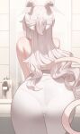 1girl absurdres akira_(blue_archive) animal_ears ass ass_focus bathroom blue_archive cat_ears cat_tail from_behind half_updo halo highres indoors leaning_forward long_hair mirror pantylines solo tail thigh_gap tomid topless very_long_hair white_hair 