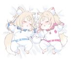  2girls aged_down animal_ear_fluff animal_ears baby barefoot bed_sheet blonde_hair blue_hair closed_eyes crossed_bangs dog_ears dog_girl dog_tail fake_claws from_above fuwawa_abyssgard hololive hololive_english isuka light_blush mococo_abyssgard multicolored_hair multiple_girls pajamas parted_lips perroccino_(fuwamoco) pink_hair short_hair sleeping streaked_hair tail two_side_up virtual_youtuber 