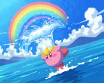  blue_eyes blue_sky blush_stickers cloud crown kirby kirby_(series) miclot mountainous_horizon no_humans ocean open_mouth rainbow sky standing standing_on_one_leg water water_kirby 