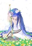  1girl absurdres blue_eyes blue_hair dress falchion_(fire_emblem) fire_emblem fire_emblem_awakening fire_emblem_heroes flower hair_between_eyes hair_flower hair_ornament highres holding holding_sword holding_weapon long_hair lucina_(fire_emblem) lucina_(valentine)_(fire_emblem) official_alternate_costume on_grass planted planted_sword sitting sleeveless sleeveless_dress sword symbol_in_eye very_long_hair weapon white_dress white_flower yakuyaku 