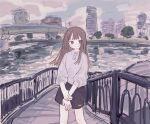  1girl absurdres black_skirt bridge brown_hair building city closed_mouth cloud collared_shirt commentary_request day grey_shirt highres long_hair looking_at_viewer original outdoors railing shirt skirt sky solo stairs standing tree yunoki_itsugu 