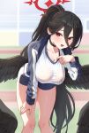  1girl bare_legs bent_over black_choker black_hair black_wings blue_archive blurry blurry_background breasts choker cleavage collarbone feathered_wings feet_out_of_frame gym_shirt gym_shorts gym_uniform hair_between_eyes halo hand_on_own_thigh hanging_breasts hasumi_(blue_archive) hasumi_(track)_(blue_archive) highres jacket kadokadokado large_breasts large_wings long_bangs long_hair looking_at_viewer low_wings mole mole_under_eye no_bra open_mouth ponytail red_eyes red_halo shirt short_shorts shorts smile solo track_and_field track_jacket tsurime very_long_hair wings 