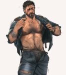  1boy bandaged_arm bandages bare_pectorals beard black_hair black_male_underwear blue_pants blue_shirt chest_hair chris_sdd facial_hair grey_hair highres joel_(the_last_of_us) male_focus male_underwear male_underwear_peek mature_male multicolored_hair navel navel_hair nipples open_clothes open_pants open_shirt pants pectorals shirt short_hair simple_background solo the_last_of_us the_last_of_us_2 two-tone_hair underwear watch white_background wristwatch 