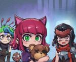  1boy 3girls animal_ears annie_(league_of_legends) bangs bare_shoulders blunt_bangs blush cat_ears character_request closed_mouth dark-skinned_male dark_skin detached_sleeves dreadlocks dress flipped_hair green_eyes league_of_legends long_hair looking_at_viewer medium_hair multiple_girls neeko_(league_of_legends) open_mouth phantom_ix_row puffy_short_sleeves puffy_sleeves purple_dress red_dress red_eyes red_hair short_sleeves shoulder_plates single_bare_shoulder stuffed_animal stuffed_toy sweat tearing_up teddy_bear wavy_mouth 