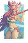  1girl abs absurdres amputee baiken bandaged_arm bandages bikini boutsoftheblind facepaint guilty_gear halterneck highres holding holding_weapon long_hair missing_limb one_eye_closed red-tinted_eyewear red_hair scar scar_across_eye solo sunglasses swimsuit tinted_eyewear weapon 