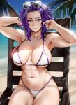  1girl abs armpits arms_up artist_name aviator_sunglasses bare_shoulders beach beach_chair bikini boku_no_hero_academia breasts breasts_apart collarbone easonx eyewear_on_head highres lady_nagant large_breasts looking_at_viewer medium_hair multicolored_hair muscular muscular_female navel outdoors palm_tree parted_bangs pink_hair purple_eyes purple_hair purple_nails purple_trim sand sitting smile solo stomach sunglasses swimsuit thighs tree two-tone_hair water white_bikini 