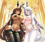  2girls absurdres animal_ears areola_slip blanc_(nikke) blush breasts brown_hair covered_nipples crotchless crotchless_pantyhose dark-skinned_female dark_skin fake_animal_ears fins_(pixiv29142276) frontless_outfit goddess_of_victory:_nikke heart_maebari heart_pasties highres huge_breasts latex latex_legwear long_hair long_sleeves maebari meme_attire multiple_girls navel noir_(nikke) open_mouth pantyhose pasties playboy_bunny rabbit_ears revealing_clothes reverse_bunnysuit reverse_outfit shrug_(clothing) stomach v very_long_hair white_hair wrist_cuffs yellow_eyes 
