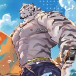  1boy abs animal_ears arknights artist_name bara blue_sky character_name cloud cloudy_sky english_commentary from_side furry furry_male holding holding_surfboard jewelry looking_ahead male_focus mountain_(arknights) multiple_scars necklace ocean onion_holic pectorals scar scar_across_eye scar_on_arm scar_on_face shorts signature sky surfboard tail tiger_boy tiger_ears tiger_stripes tiger_tail topless_male watch water wristwatch 