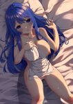  1girl absurdres ambasa blue_eyes blue_hair blush breasts caeda_(fire_emblem) cleavage commentary_request commission feet_out_of_frame fire_emblem fire_emblem:_mystery_of_the_emblem fire_emblem:_shadow_dragon_and_the_blade_of_light highres large_breasts long_hair lying multiple_sources naked_towel nipples on_back one_breast_out open_mouth skeb_commission towel 
