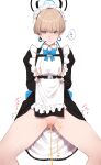  1girl absurdres ass_visible_through_thighs black_gloves blonde_hair blue_archive double_v earpiece expressionless frills gloves halo highres lifted_by_self looking_at_viewer maid maid_headdress no_panties nonflied peeing puffy_sleeves pussy short_hair simple_background solo spread_legs toki_(blue_archive) uncensored v white_background 