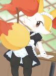  ambiguous_gender anthro blush braixen clean_diaper cleaning clothing diaper generation_6_pokemon hi_res inner_ear_fluff looking_at_viewer looking_back maid_uniform nintendo pattern_diaper pokemon pokemon_(species) question_mark solo stick tuft uniform walla_fet 