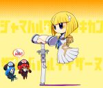  &gt;_&lt; 3girls bakuzan blonde_hair blue_hair cosplay dark-skinned_female dark_skin disembodied_limb epaulettes flamberge_(kirby) francisca_(kirby) hand_on_hilt kill_la_kill kirby:_star_allies kirby_(series) kiryuuin_satsuki kiryuuin_satsuki_(cosplay) multiple_girls orusuta961 red_hair sparkle sword voice_actor_connection weapon yellow_background yuzuki_ryouka zan_partizanne 