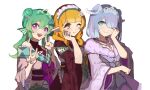  3girls aqua_eyes black_kimono black_sash blonde_hair blue_hair bow braid brown_eyes double_bun double_v elira_pendora elira_pendora_(2nd_costume) finana_ryugu finana_ryugu_(2nd_costume) green_hair hair_bun hair_over_one_eye hand_on_own_cheek hand_on_own_face highres japanese_clothes kimono large_bow long_hair maid multiple_girls nijisanji nijisanji_en off_shoulder official_alternate_costume official_alternate_hairstyle one_eye_closed pomu_rainpuff pomu_rainpuff_(2nd_costume) purple_bow purple_eyes sash short_kimono simple_background twin_braids twintails v virtual_youtuber wa_maid white_background white_kimono wusuki_(wuqin_wusuki) 