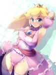  1girl aqua_background arm_up armpits blonde_hair blue_brooch blue_eyes blurry bokeh breasts closed_mouth commentary crown depth_of_field detached_sleeves dress earrings gloves hand_on_own_hip highres jewelry konpeto large_breasts light_blush long_hair looking_at_viewer mario_(series) pink_dress ponytail princess_peach puffy_detached_sleeves puffy_sleeves revision showgirl_skirt sleeveless sleeveless_dress smile solo thighhighs white_gloves white_thighhighs 