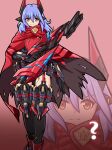  1girl ? android black_gloves black_leotard black_thighhighs blue_hair brown_eyes cloak closed_mouth commentary english_commentary gloves gun hair_between_eyes headgear highres holding holding_gun holding_weapon illius4 leotard long_hair looking_at_viewer poppi_(xenoblade) poppi_qtpi_(xenoblade) red_background red_cloak simple_background solo thighhighs torn_cloak torn_clothes weapon xenoblade_chronicles_(series) xenoblade_chronicles_2 zoom_layer 