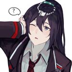  1boy ? black_coat black_hair coat collared_shirt half_updo highres hong_lu_(limbus_company) limbus_company long_hair long_sleeves male_focus msx_(mis4xi) necktie one_eye_closed portrait project_moon red_necktie shirt simple_background solo speech_bubble very_long_hair white_background white_shirt wing_collar 