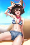  1girl ;d animal_ear_fluff animal_ears arm_support armpits beach bikini black_hair blue_archive blue_sky blurry breasts cleavage cloud cloudy_sky commentary_request denim denim_shorts depth_of_field eyeshadow fox_ears fox_girl fox_tail hair_between_eyes halo highres horizon izuna_(blue_archive) izuna_(swimsuit)_(blue_archive) looking_at_viewer makeup medium_breasts medium_hair mogurii navel ocean official_alternate_costume one_eye_closed one_side_up outdoors red_eyeshadow red_scarf salute scarf scrunchie short_shorts shorts sidelocks sitting sky sleeveless smile solo spaghetti_strap stomach striped striped_bikini swimsuit tail visor_cap wrist_scrunchie yellow_eyes 