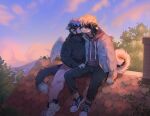  2023 5_fingers anthro canid canine canis clothed clothing collar day detailed_background digital_media_(artwork) domestic_dog duo feathered_wings feathers felid feline fingers footwear fumiko hi_res hybrid male male/male mammal outside shoes sitting sky wings 