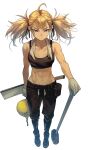  1girl abs belt blonde_hair character_request copyright_request gloves hammer hardhat headwear_removed helmet helmet_removed highres looking_at_viewer purple_eyes rasetsu001 saw simple_background solo sports_bra toned towel towel_around_neck twintails 
