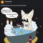  alcohol anthro ask_blog bath bathtub beverage bubble_bath candle collar cuff_(restraint) death_(whitev) dialogue female fur mostly_nude obscured_eyes pawpads paws restraints rubber_duck shackles shadowed_eyes simple_background solo speech_bubble white_body white_fur whitev wine 