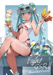  1girl absurdly_long_hair aqua_eyes aqua_hair bare_legs bare_shoulders bird blush border bottle bow braid breasts closed_mouth corn crossed_legs double_bun eyewear_on_head feet_out_of_frame food goodsmile_racing hair_between_eyes hair_bun hair_ornament hat hatsune_miku highres holding holding_corn holding_food holding_ice_cream ice_cream logo long_hair looking_at_viewer micro_shorts navel racing_miku racing_miku_(2023) sausage short_shorts shorts sitting sleeveless small_breasts smile solo stomach summer sunglasses sweat thigh_strap thighs toridamono twin_braids very_long_hair vocaloid water_bottle white_border white_bow wrist_wrap 