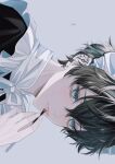  1boy black_hair blue_eyes closed_mouth ear_piercing earrings english_commentary expressionless fingernails grey_background hair_between_eyes highres jewelry maid maid_headdress makeup male_focus original piercing short_hair sidelocks simple_background solo sosaku_25 upper_body 