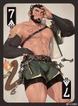  1boy abs alca_(wakatanka4) alternate_costume animal_ears bara beard black_hair black_sleeves blush bulge card_(medium) detached_sleeves dolphin_shorts facial_hair feet_out_of_frame flame-tipped_tail from_below green_shorts gyee hand_on_own_head highres key large_pectorals leggings_under_shorts legs_together lion_boy lion_ears lion_tail looking_at_viewer male_focus mature_male muscular muscular_male mustache_stubble navel_hair nipples original pectorals short_hair shorts shy solo stomach strongman_waist tail telekinesis thick_eyebrows tooboshoo undercut 