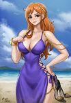  1girl beach beads breasts dress high_heels highres jewelry kyopink log_pose nami_(one_piece) one_piece orange_eyes orange_hair straw_hat_pirates 