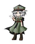  1other androgynous black_cape black_footwear boots cape collared_shirt commentary_request dress finger_gun fujiwara_no_shirogane_no_sanra full_body green_dress green_headwear grey_eyes grey_hair hand_up hat len&#039;en looking_at_viewer open_mouth other_focus shirt short_hair simple_background solo websci_3357 white_background white_shirt 