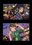  2girls ;) akari_(pokemon) brown_eyes brown_hair closed_mouth commentary_request eyelashes falling_leaves fireworks green_shirt hands_up highres holding holding_poke_ball japanese_clothes juliana_(pokemon) kimono lantern leaf multiple_girls night one_eye_closed outdoors poke_ball poke_ball_(basic) pokemon pokemon_(game) pokemon_legends:_arceus pokemon_sv rotom rotom_phone shirt short_sleeves sky smile yibuzhai 