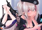  1girl artist_name beret between_breasts bottomless breasts cellphone cheek_rest cleavage crossed_legs desert_tech_mdr earphones explosive flip_phone foot_dangle girls&#039;_frontline grenade grey_hair hat head_rest highres holding holding_phone jacket long_hair lying mdr_(girls&#039;_frontline) multicolored_hair ohichi16 on_stomach one_side_up open_clothes open_jacket phone pink_eyes streaked_hair thighhighs_removed 