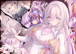  2girls absurdres alexandra_pavlovna_zaychik black_gloves black_shirt blackheart` blue_eyes breasts chinese_commentary closed_mouth commentary commentary_request crystal dress drill_hair flower gloves grey_eyes grey_hair hair_between_eyes hare_(honkai_impact) highres honkai_(series) honkai_impact_3rd large_breasts long_hair long_sleeves looking_at_viewer multiple_girls multiple_views navel pillow shirt smile twin_drills white_dress white_flower white_hair 