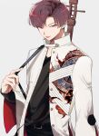  1boy :p absurdres arm_at_side belt black_belt black_pants black_shirt buckle buttons collarbone collared_jacket cowboy_shot earrings fate/grand_order fate_(series) highres instrument_on_back jacket jewelry long_sleeves looking_at_viewer male_focus open_clothes open_jacket pants parted_bangs red_eyes red_hair shirt short_hair solo takasugi_shinsaku_(fate) tongue tongue_out white_jacket yuu_2111 