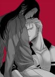  2boys frown glaring greyscale_with_colored_background hair_slicked_back heads_together history1357 hunter_x_hunter long_hair looking_at_viewer male_focus multiple_boys mustache_stubble nobunaga_hazama open_clothes open_shirt pants pectoral_cleavage pectorals phinks_magcub shirt short_hair yaoi 