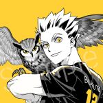 1boy 3_upin animal_on_arm arm_up bird bokuto_koutarou feathered_wings greyscale haikyuu!! male_focus monochrome owl short_hair simple_background slit_pupils smirk solo sportswear upper_body v-shaped_eyebrows volleyball_uniform wings yellow_background yellow_eyes 