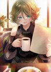  1girl absurdres aqua_eyes book chair coffee_mug commission cup day detached_sleeves earrings elf food hair_between_eyes highres indoors jewelry mug original plate pointy_ears shimotsukishin short_hair sitting skeb_commission smile sunlight table vase 