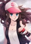  1girl aqua_eyes artist_name baseball_cap black_vest black_wristband breasts cleavage closed_mouth collarbone commentary_request donutous eyelashes grey_background hand_up hat high_ponytail highres hilda_(pokemon) holding holding_poke_ball open_clothes open_vest poke_ball poke_ball_(basic) poke_ball_print pokemon pokemon_(game) pokemon_bw shirt sidelocks solo upper_body vest white_headwear white_shirt 