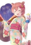  1girl :d ^_^ aerial_fireworks blush bow brown_footwear brown_hair brown_kimono closed_eyes cup disposable_cup double_bun facing_viewer fireworks floral_print food hair_between_eyes hair_bow hair_bun highres holding holding_cup hoshizora_rin japanese_clothes kimono long_sleeves love_live! love_live!_school_idol_project market_stall night night_sky obi pinching_sleeves pink_bow print_kimono sash sen_(sen0910) shaved_ice short_hair sky sleeves_past_wrists smile solo spoon standing standing_on_one_leg wide_sleeves zouri 