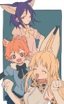  3girls :3 :d animal_ear_fluff animal_ears antenna_hair bang_dream! black_bow black_bowtie blue_background blue_shirt blush border bow bowtie cheetah_ears cheetah_print closed_eyes coldcat. common_raccoon_(kemono_friends) common_raccoon_(kemono_friends)_(cosplay) cosplay dot_nose fang fennec_(kemono_friends) fennec_(kemono_friends)_(cosplay) fur-trimmed_shirt fur_trim hand_on_own_hip highres kemono_friends kitazawa_hagumi multiple_girls one_eye_closed open_mouth orange_hair outside_border paw_pose pink_sweater puffy_short_sleeves puffy_sleeves purple_eyes purple_hair raised_eyebrows red_eyes serval_(kemono_friends) serval_(kemono_friends)_(cosplay) seta_kaoru shirt short_sleeves sleeveless sleeveless_shirt smile sweater tsurumaki_kokoro upper_body white_border white_shirt yellow_bow yellow_bowtie 