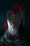  1girl asinjuasflora back bare_back bare_shoulders earrings fantasy highres jewelry katarina_(league_of_legends) league_of_legends long_hair red_hair solo 