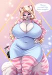  2023 anthro artist_name big_breasts blonde_hair blue_eyes breasts cleavage clothed clothing curvy_figure dialogue english_text eyebrow_through_hair eyebrows eyelashes felid female fingers fur hair hand_on_hip hand_on_own_hip hi_res huge_breasts long_hair mammal marzipan_(spottedtigress) open_mouth pantherine pink_body pink_fur portrait purse slightly_chubby solo speech_bubble spottedtigress standing striped_body striped_fur stripes text thick_thighs three-quarter_portrait tiger translucent translucent_hair voluptuous white_body white_fur wide_hips 