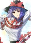  1girl black_headwear bow capelet frilled_capelet frills hat hat_bow highres long_sleeves looking_at_viewer medium_hair nagae_iku purple_hair red_eyes shirt smile solo teeth touhou upper_body white_shirt y2 