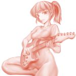  1girl bottomless breasts guitar highres holding holding_instrument holding_plectrum instrument minamoto80486 monochrome music navel original playing_instrument plectrum ponytail red_theme shirt short_hair short_sleeves simple_background sitting small_breasts smile solo tied_shirt v-neck white_background 