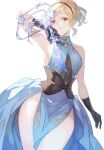  1girl a082 arm_up bare_shoulders black_gloves blonde_hair breasts brown_eyes closed_mouth corset cowboy_shot dagger djeeta_(granblue_fantasy) dress earrings flower gloves granblue_fantasy groin hairband holding holding_dagger holding_knife holding_weapon jewelry knife looking_at_viewer pelvic_curtain short_hair side_slit sideboob simple_background sleeveless sleeveless_dress small_breasts smart_elegance_(granblue_fantasy) smile solo thighhighs weapon white_background 