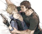  2boys bara beard chris_redfield condom condom_in_mouth e_(h798602056) eye_contact facial_hair gun highres holding holding_gun holding_weapon leon_s._kennedy looking_at_another lying male_focus mouth_hold multiple_boys muscular muscular_male on_back on_bed pectoral_cleavage pectorals resident_evil resident_evil_6 short_hair sideburns stubble thick_eyebrows veins veiny_arms weapon yaoi 