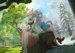  2girls ahoge antlers arm_support back-to-back beret blue_coat blue_eyes boots breasts bridal_gauntlets ceres_fauna ceres_fauna_(1st_costume) coat commentary_request daifuku_(yukihana_lamy) flower forest fur-trimmed_boots fur_trim gradient_hair green_hair green_nails hair_flower hair_ornament hat highres hololive hololive_english huge_ahoge long_sleeves mato_(target5260) medium_breasts multicolored_hair multiple_girls nature seasons sitting_on_tree_stump streaked_hair thighhighs virtual_youtuber white_headwear white_thighhighs wide_sleeves winter yukihana_lamy yukihana_lamy_(1st_costume) 